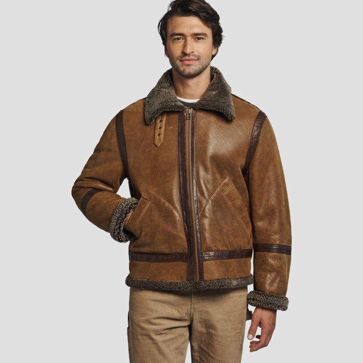 Embrace the chill with this classic sheepskin leather jacket featuring plush shearling for a fashionable and warm winter look.