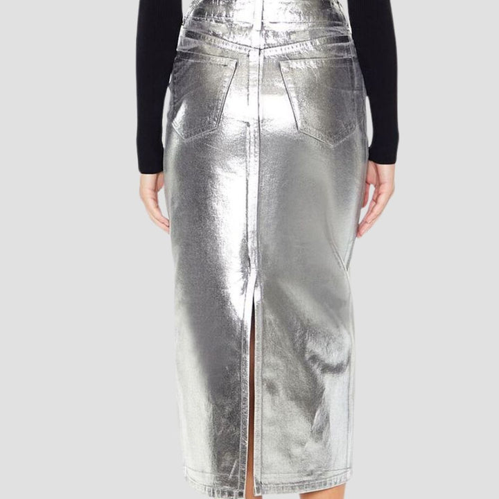 Trendy women’s leather metallic skirt with a chic, modern design, ideal for bold fashion statements.