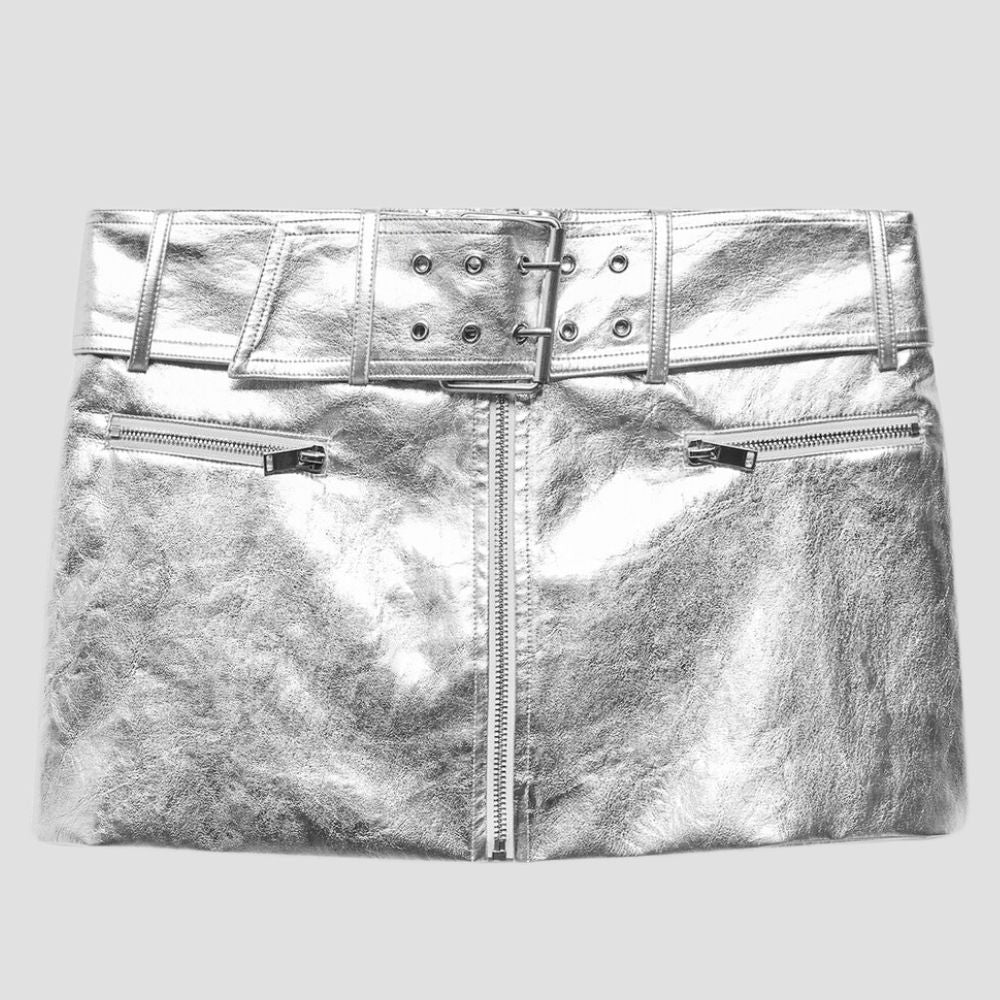 Bold metallic leather skirt for women, combining edgy style with contemporary fashion vibes.