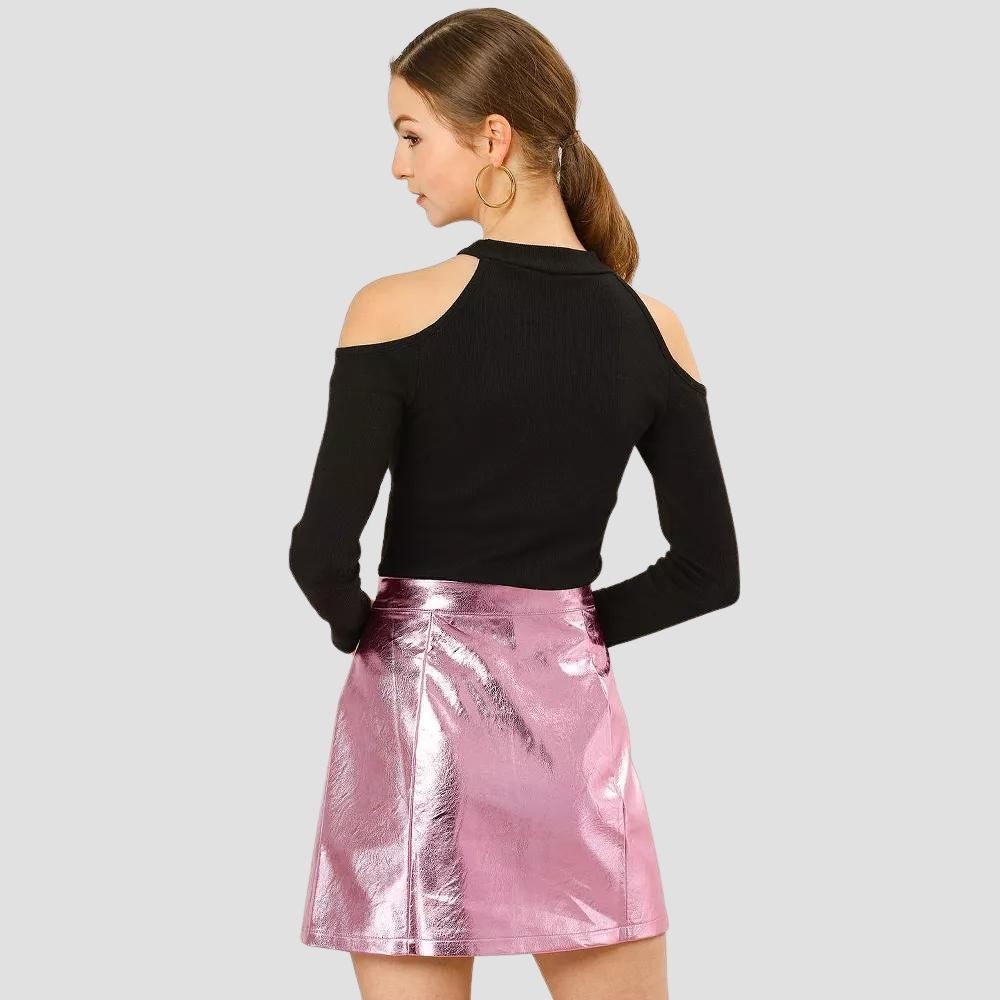 Women's shiny metallic leather skirt, ideal for elevating high-fashion ensembles.