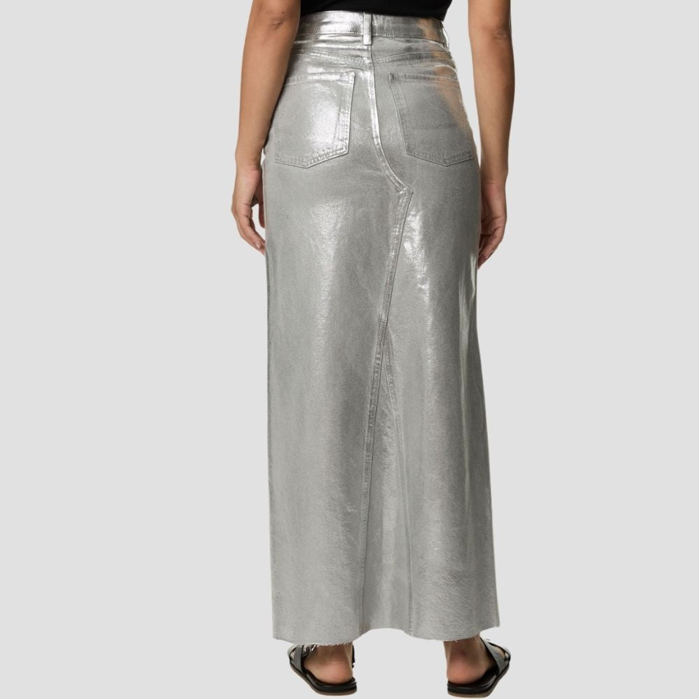 Stylish women’s metallic leather skirt, perfect for a futuristic look with a smooth, sleek finish.