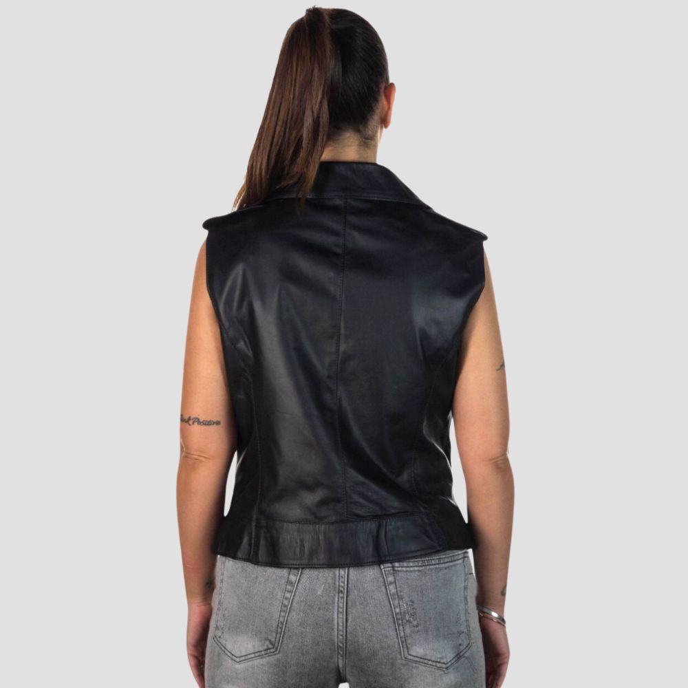 Edgy yet chic, this women's black leather vest is crafted for a motorcycle-inspired look, adding instant cool to your everyday or riding attire.