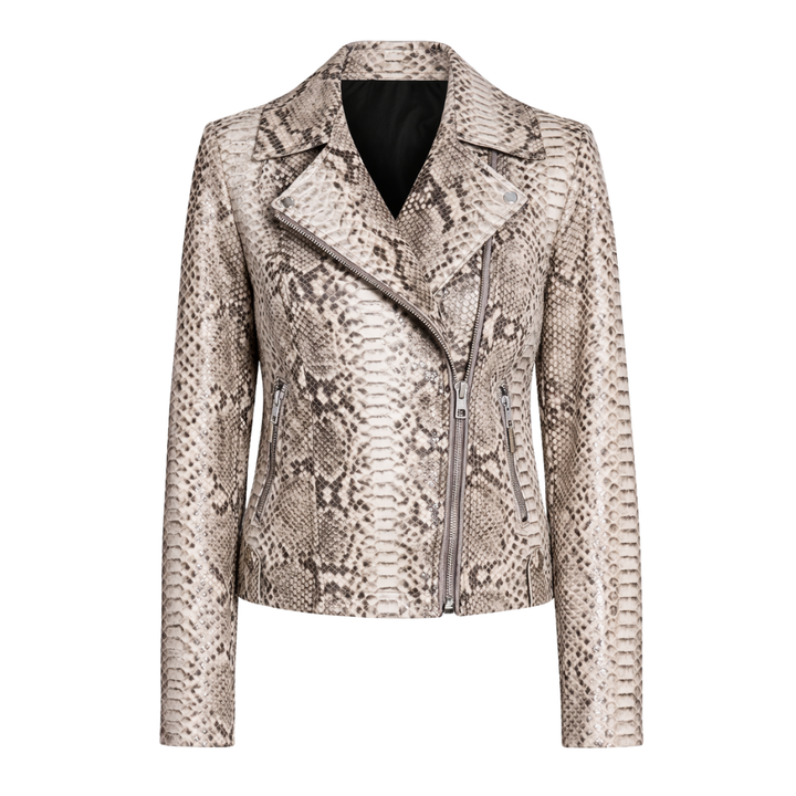 Ladies python pattern leather jacket with modern moto style