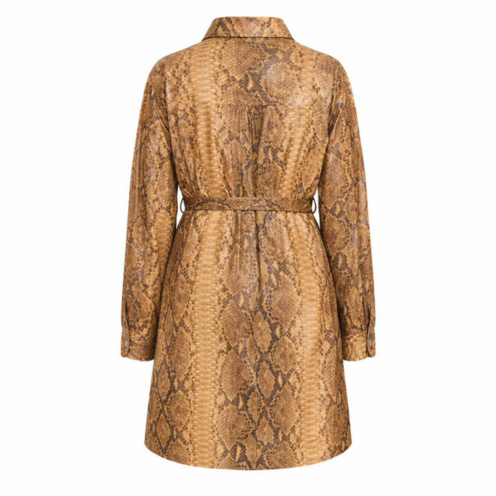Ladies snakeskin texture leather trench coat with exotic embossed finish and belted waist