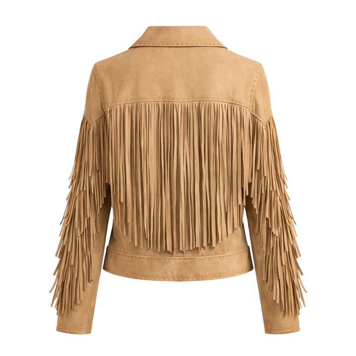 Women's leather western fringe jacket with authentic western design and tassels