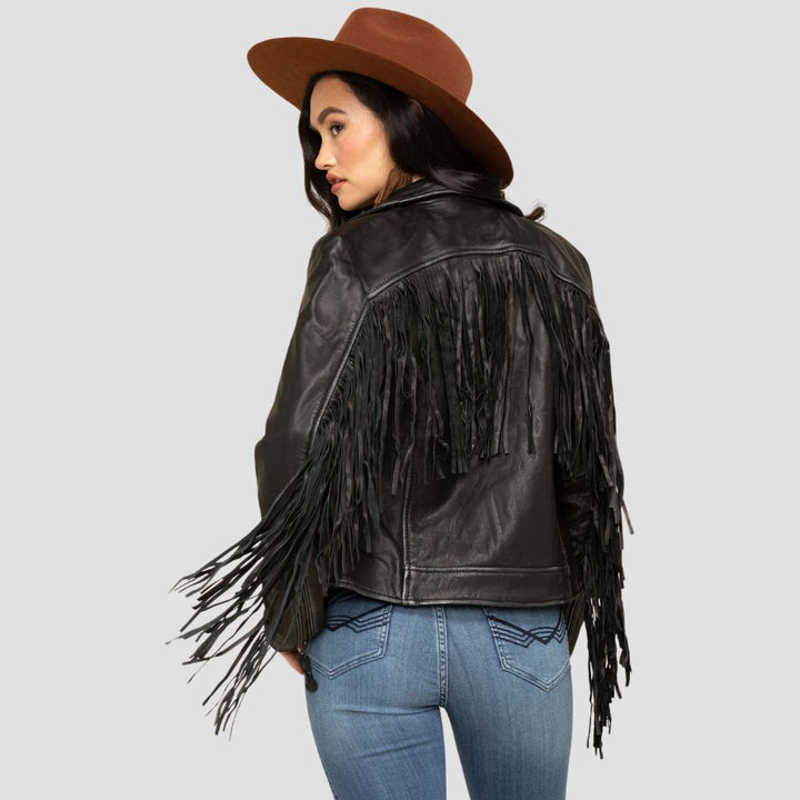 Shop a boho Western leather jacket for women with fringe style. The fringe detailing and supple leather make it a standout piece, combining boho charm with Western-inspired design.