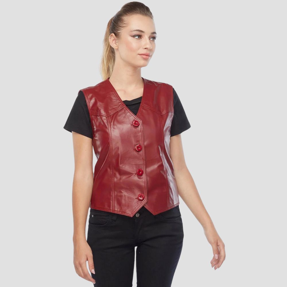 A lightweight leather vest for women, perfect for casual wear, offering a comfortable and stylish addition to any laid-back outfit.