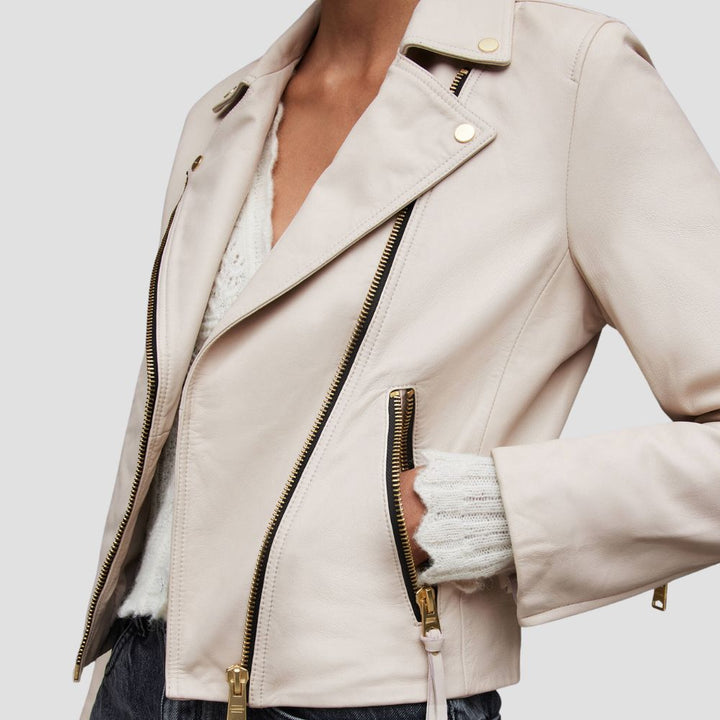 Elevate your wardrobe with this luxury ladies biker leather jacket. Its bold design and top-tier leather construction make it the perfect choice for fearless fashion.