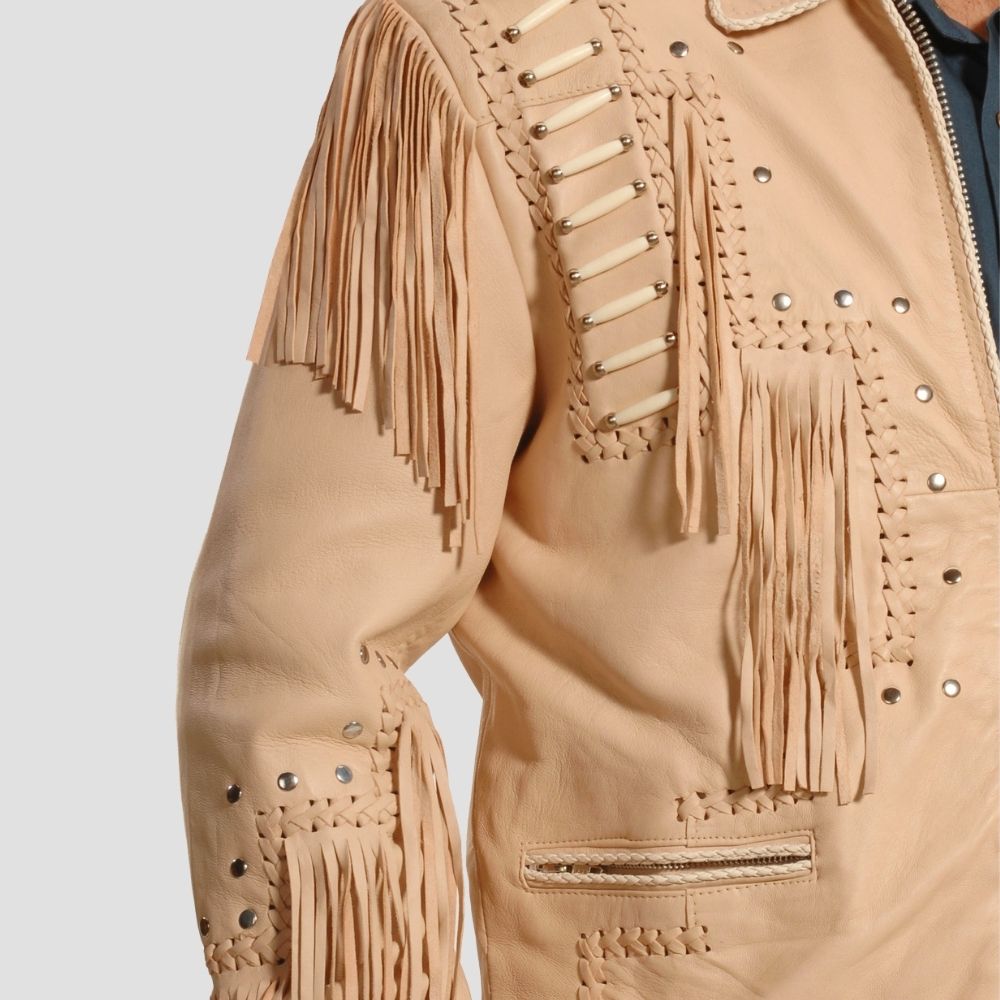 Durable sheepskin leather jacket with bold fringe accents.