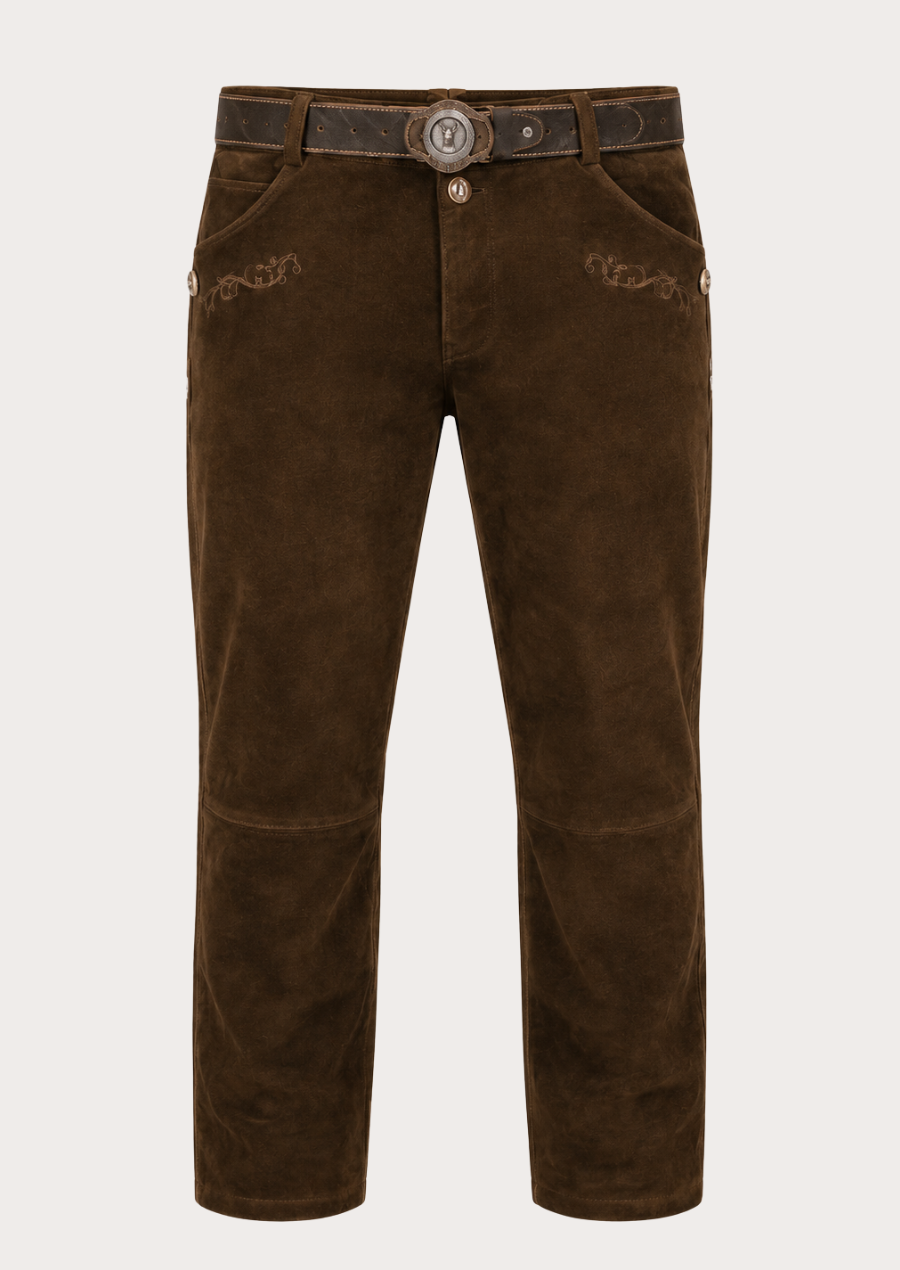 Brown suede leather pants in traditional Bavarian Lederhosen style for men