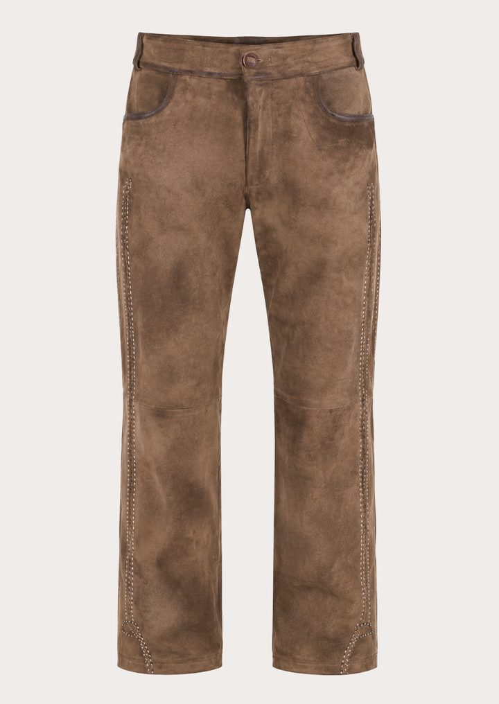 Brown leather Trachten pants crafted as traditional Bavarian trousers with authentic Alpine styling