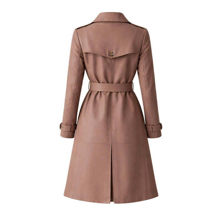 Classic ladies leather trench coat with button closure and tailored fit