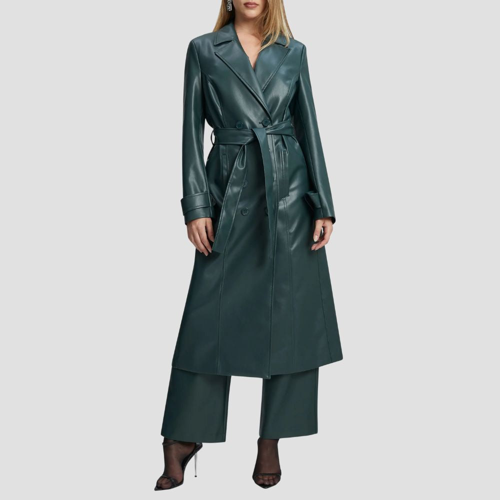 Elevate your wardrobe with this chic evergreen leather long coat, featuring a stylish double-breasted design for a timeless, sophisticated look in any season.