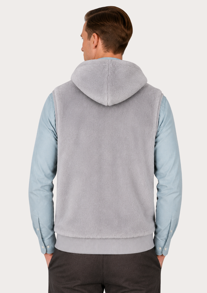 Light grey sherpa fur winter gilet featuring a stand collar and side pockets