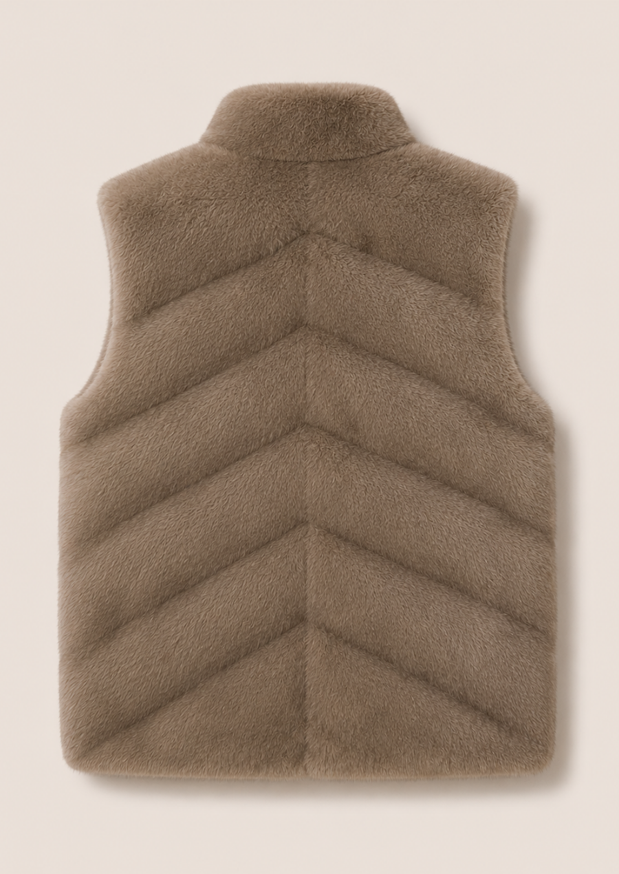 Men's taupe faux fur vest ideal for winter layering and outdoor wear.