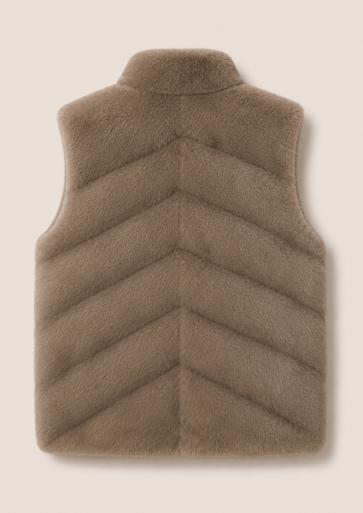 Men's taupe faux fur vest ideal for winter layering and outdoor wear.