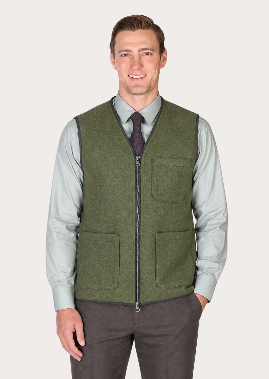 Green Loden hunting vest for men with traditional country wear styling