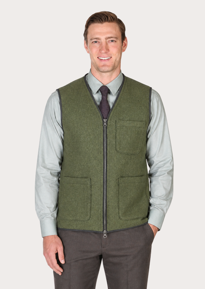 Green Loden hunting vest for men with traditional country wear styling