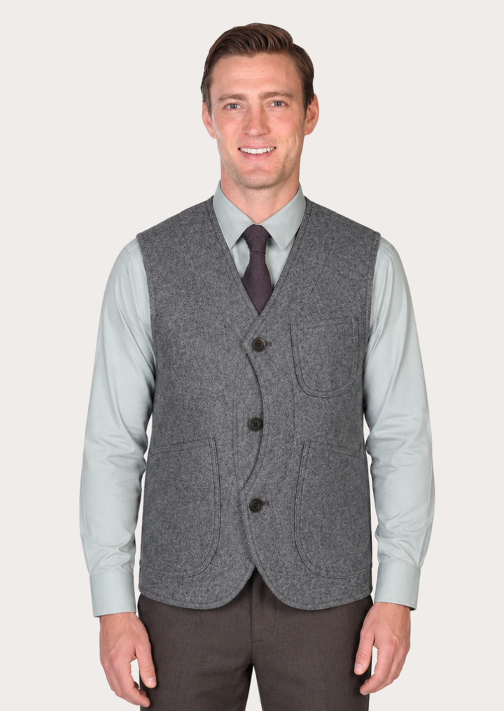 Men's grey Loden vest crafted as a traditional Austrian wool waistcoat