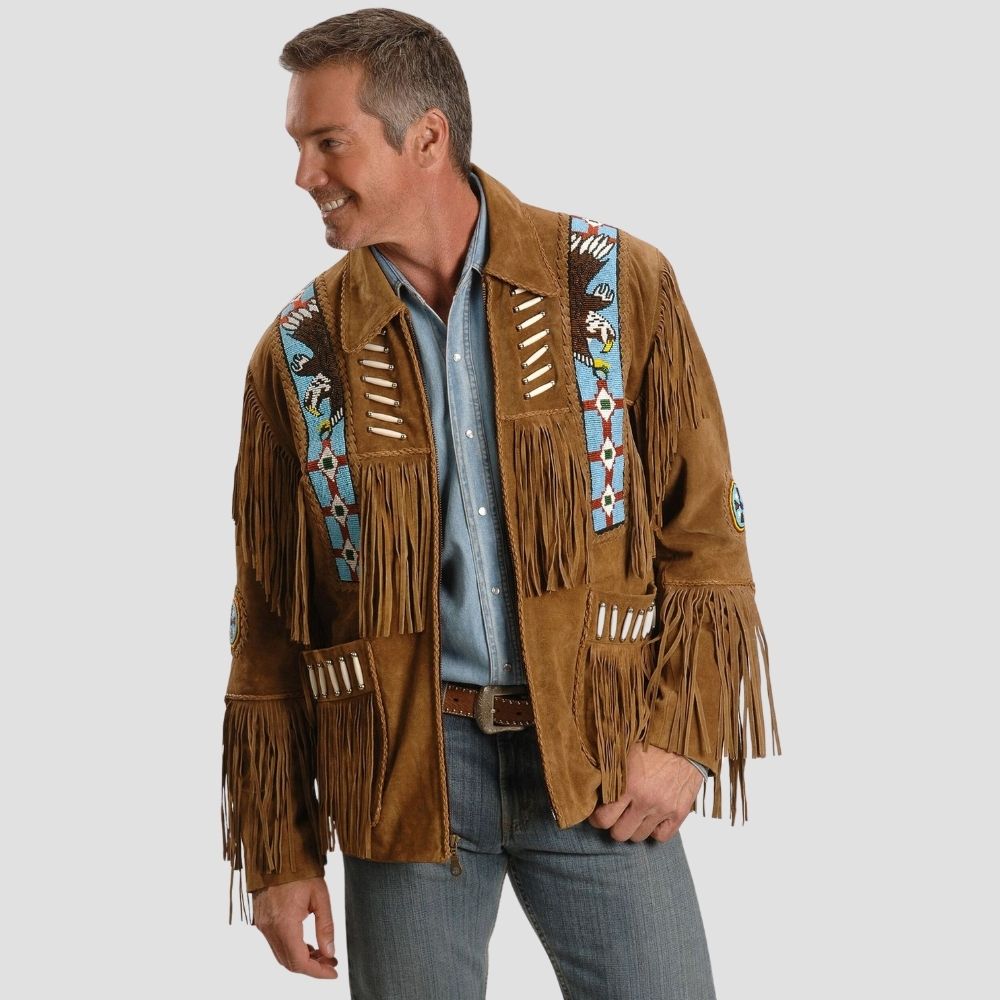 Trendy vintage distressed suede leather jacket with fringe detailing.