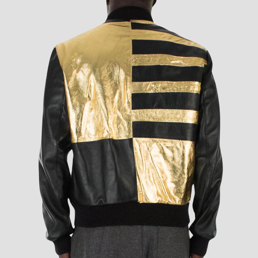 Step up your fashion game with this luxurious black and gold bomber jacket, perfect for a bold yet elegant look.