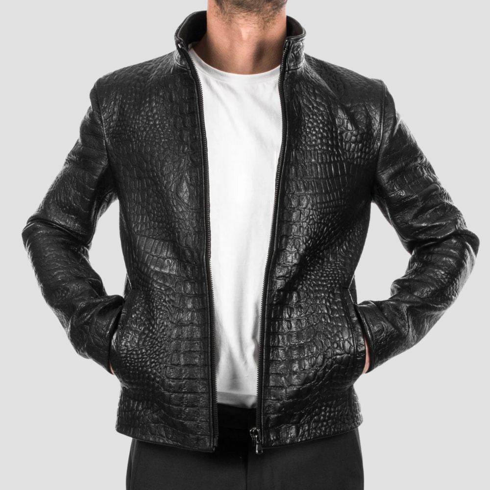 Unique black crocodile leather jacket designed for everyday wear.