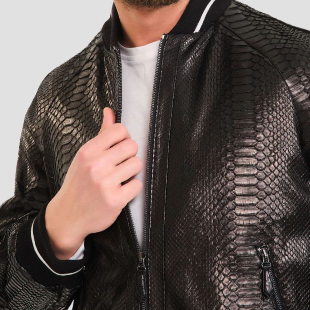 bold black python jacket - exotic leather, stylish fit, and durable design