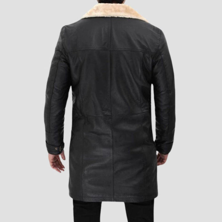 Stay cozy and stylish in this classic black sheepskin shearling leather coat designed for men.