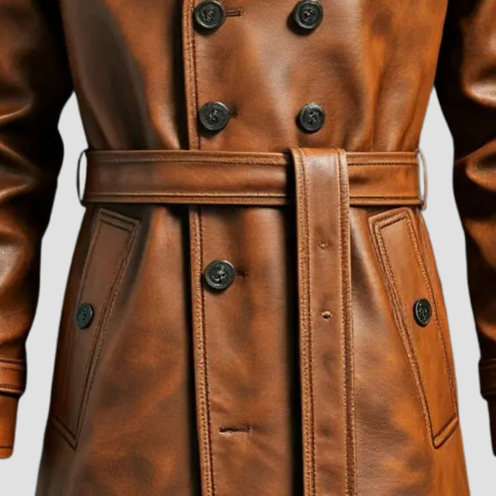 Distressed brown leather trench coat for men’s casual wear.