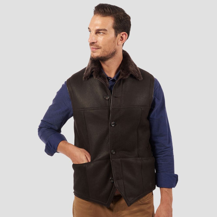 Stylish lambskin leather vest with cozy shearling lining for casual wear.