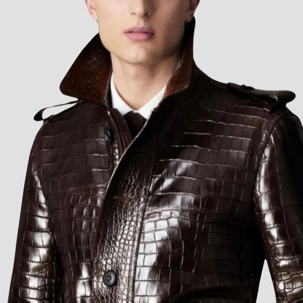 Men’s brown crocodile textured leather coat for formal and casual wear.