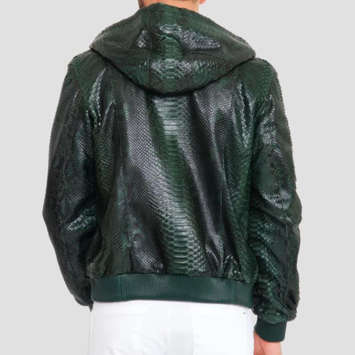 Stylish cowhide leather bomber jacket in green with embossed python texture.