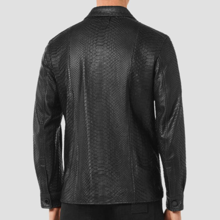 Premium black crocodile embossed leather shirt with snap-button closures.