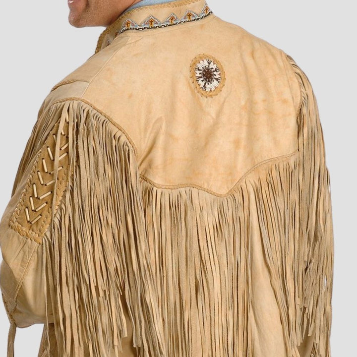 Sheepskin leather jacket with fringe detailing and vintage aesthetics.