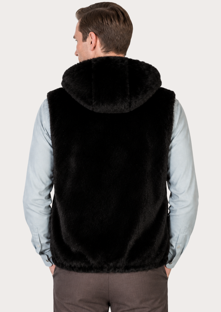 Black faux fur winter gilet for men featuring hooded design and soft inner lining.