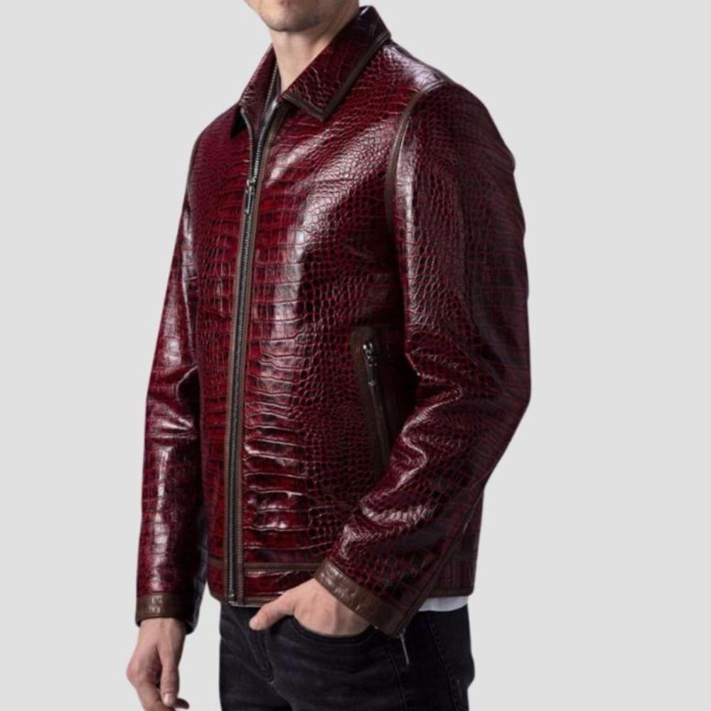 Luxury burgundy crocodile leather jacket featuring a sleek, high-quality texture, premium craftsmanship, and a stylish, modern fit perfect for upscale fashion