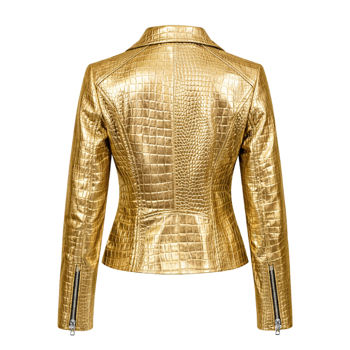 Premium gold metallic crocodile leather jacket with bold design