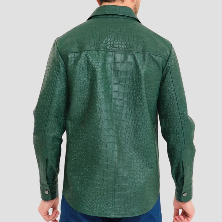 Elegant green crocodile-patterned leather shirt, perfect for making a bold fashion statement.