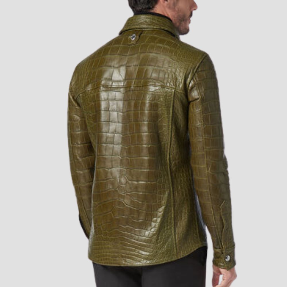 Stylish green leather shirt with crocodile embossed design and polyester lining