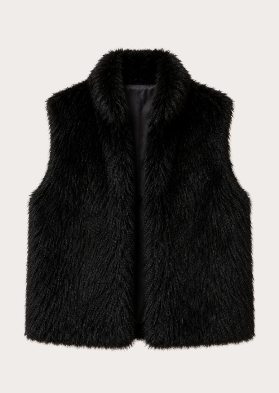 Luxury black faux fur sleeveless jacket for stylish winter layering.