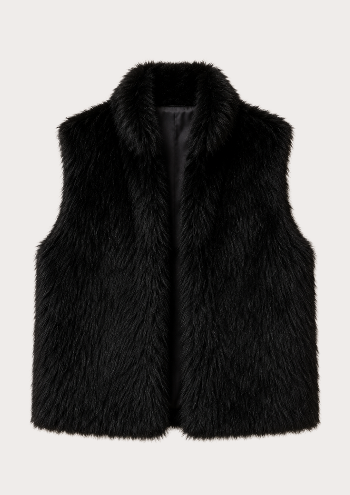 Luxury black faux fur sleeveless jacket for stylish winter layering.