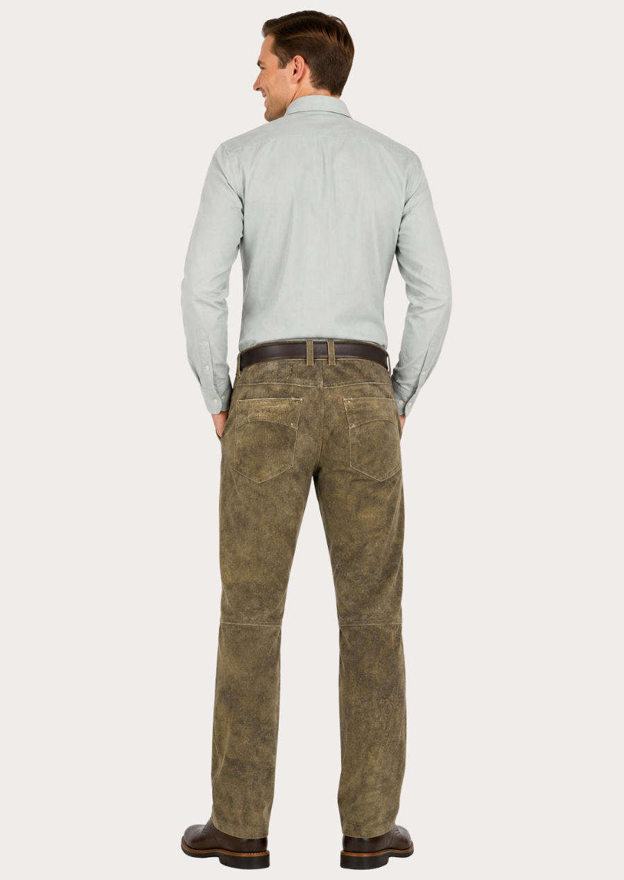 Elegant olive brown suede leather pants designed for sophisticated casual and outdoor wear