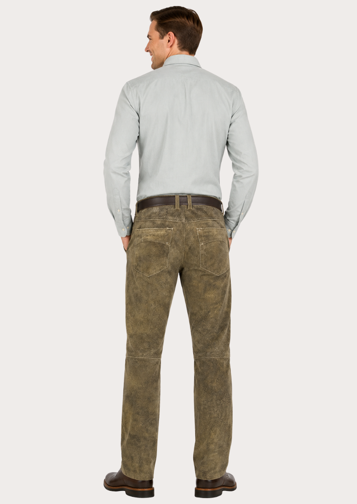 Elegant olive brown suede leather pants designed for sophisticated casual and outdoor wear