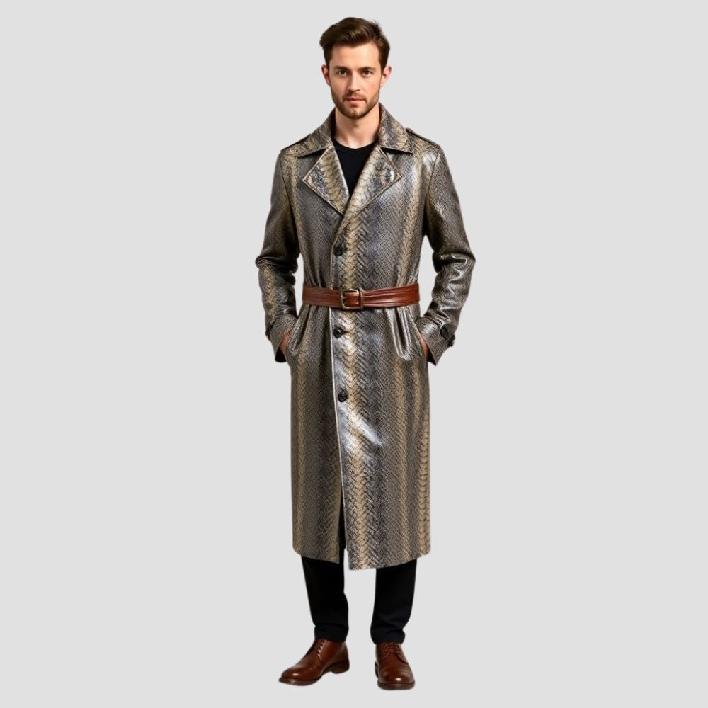 With its sophisticated design and luxurious snakeskin leather, this trench coat is the ultimate fashion statement.