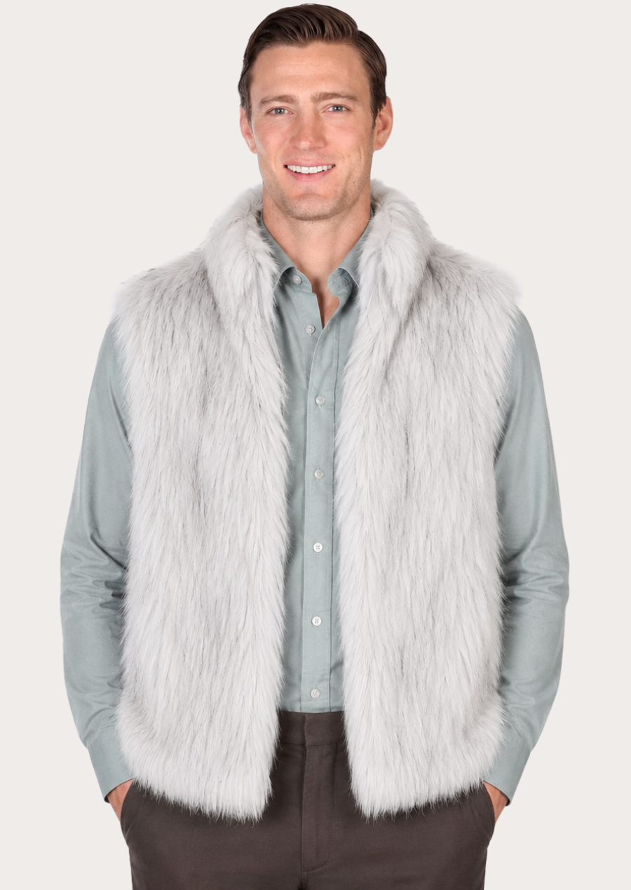 Premium white faux fur sleeveless vest for men with soft winter texture.