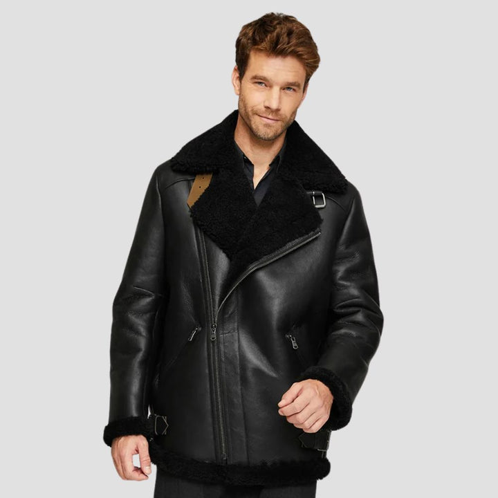 Warm and durable black B3 bomber jacket with shearling interior.