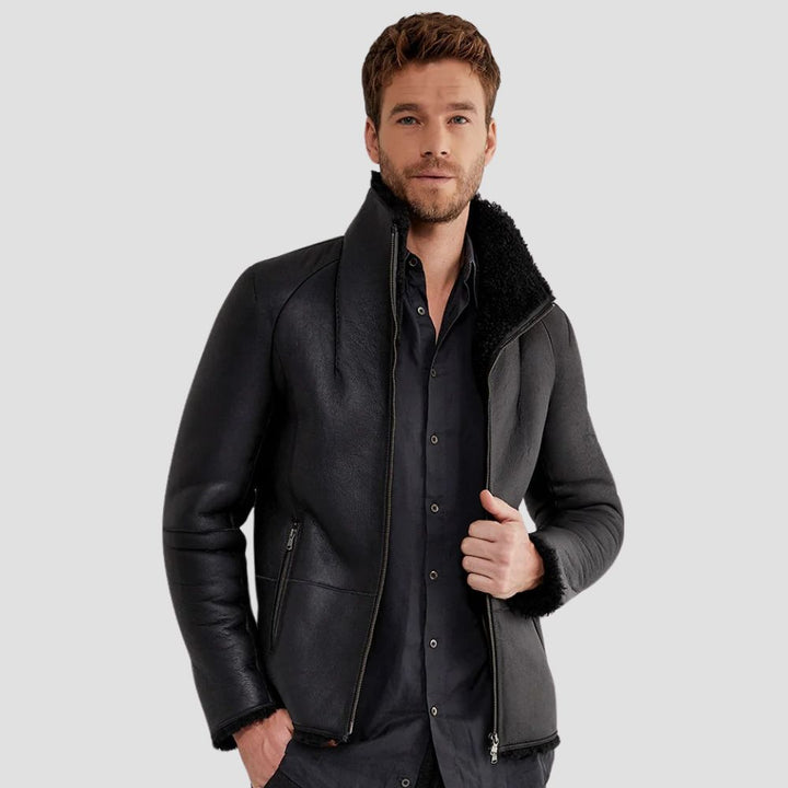 Premium black lamb leather biker jacket with faux shearling interior