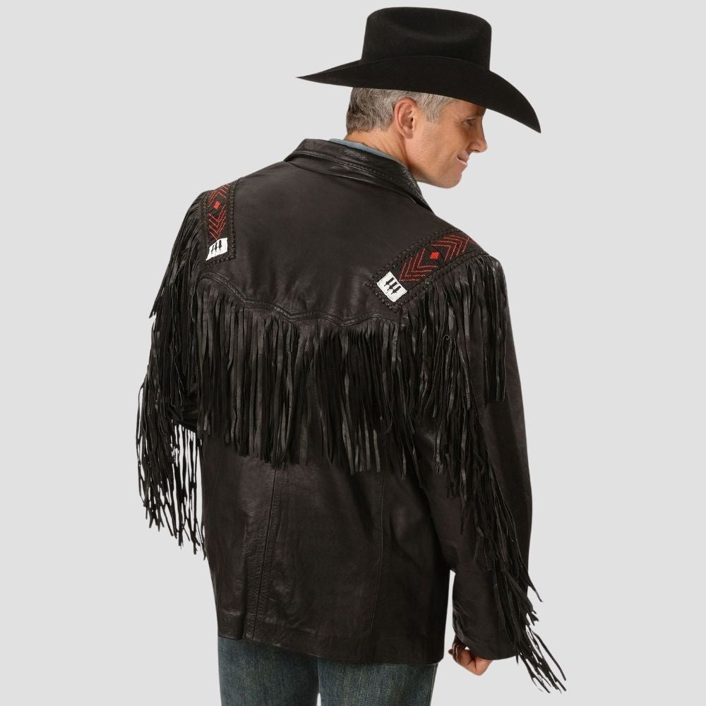 Black sheepskin leather jacket with bold fringe detailing.