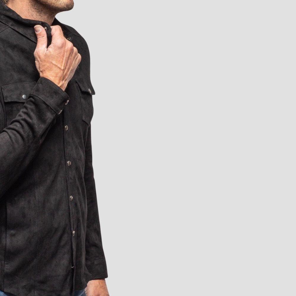 Men’s black suede leather shirt featuring premium material and comfort.