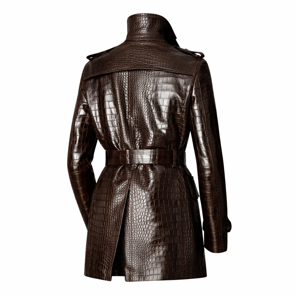 Stylish brown crocodile pattern leather coat for men